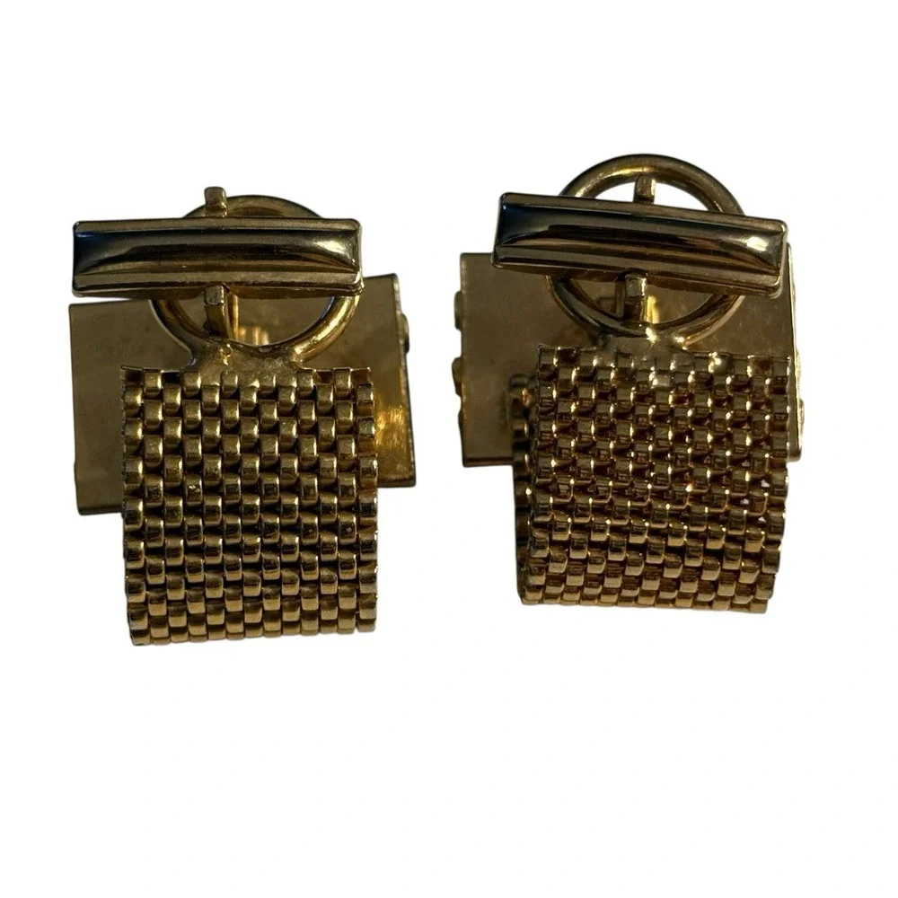 Vintage Cufflinks Yellow & Clear Rhinestone Gold Tone Mesh Wrap Around MCM Retro